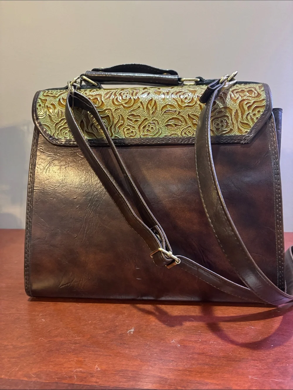 Two-Tone Leather Floral Embossed Satchel Bag in Brown and Olive